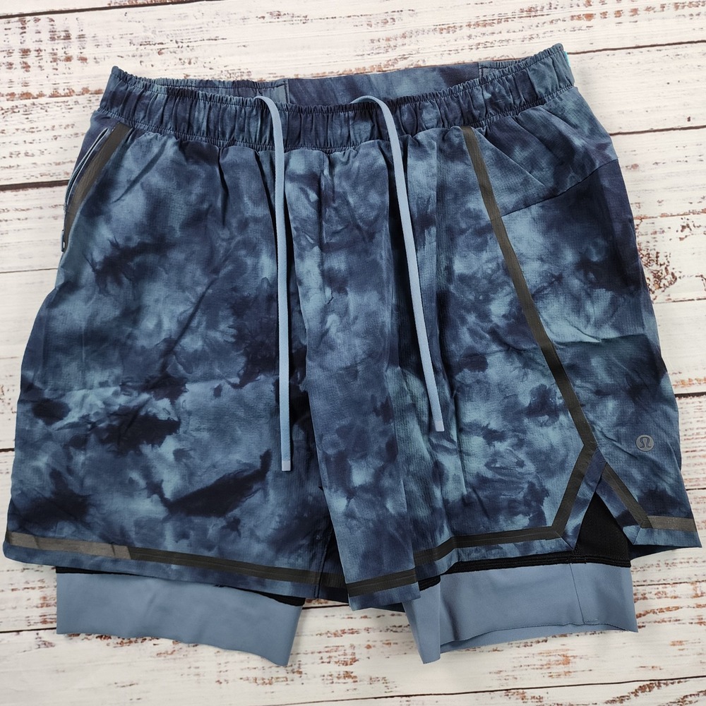 Lululemon Surge BoldLines 6" Lined Shorts Men's L Blue Tie Dye 2-in-1 Running